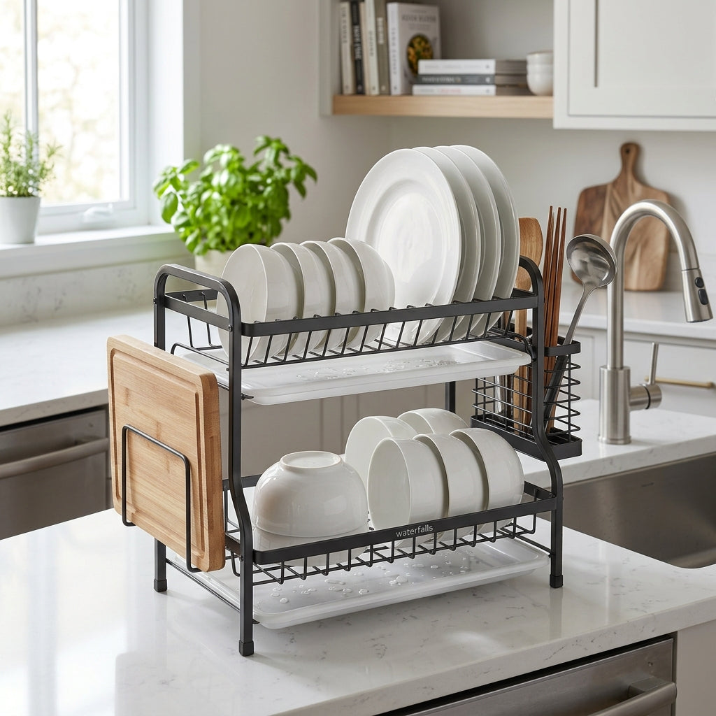 2-Tier Stainless Steel Dish Drying Rack with Cutting Board & Utensil Holder