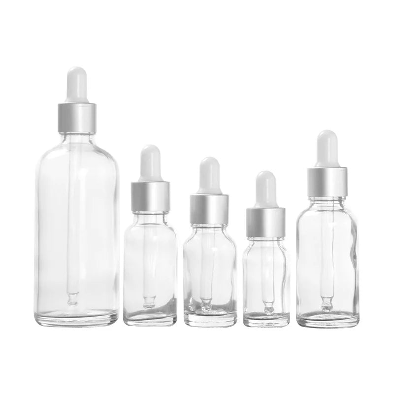 Nachfüllbare Tropfflasche/Pipette aus klarem Glas mit silberner Kappe zum Nachfüllen von Massageölen, Aromatherapie-Flüssigkeit, Essenz/Serum, Hautpflege