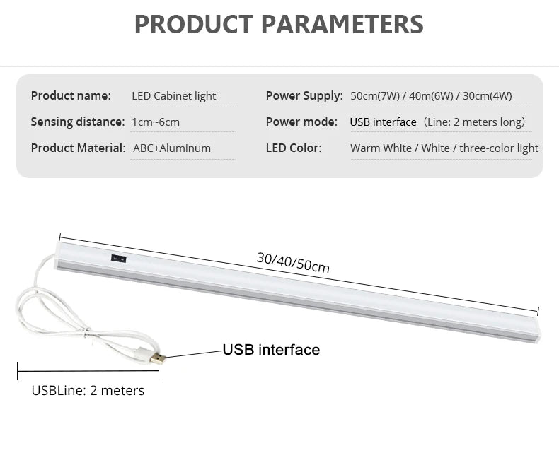 5V USB-betriebene intelligente LED-Küchenleuchte Handsensor Lampe Hintergrundbeleuchtung für Schrank Kleiderschränke Beleuchtung 30/40/50cm