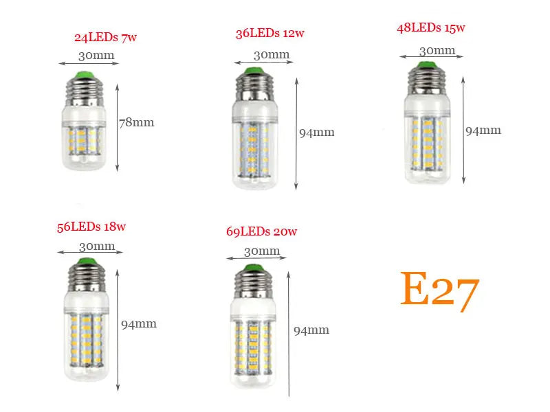 Lámpara LED E27 E14 SMD 5730 24 36 48 56 69 LED Luces LED Bombilla de maíz 7W 12W 15W 18W 20W Iluminación de araña de vela AC 220V