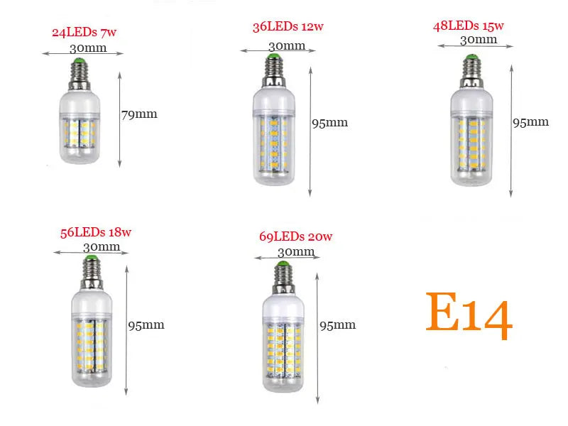 Lámpara LED E27 E14 SMD 5730 24 36 48 56 69 LED Luces LED Bombilla de maíz 7W 12W 15W 18W 20W Iluminación de araña de vela AC 220V