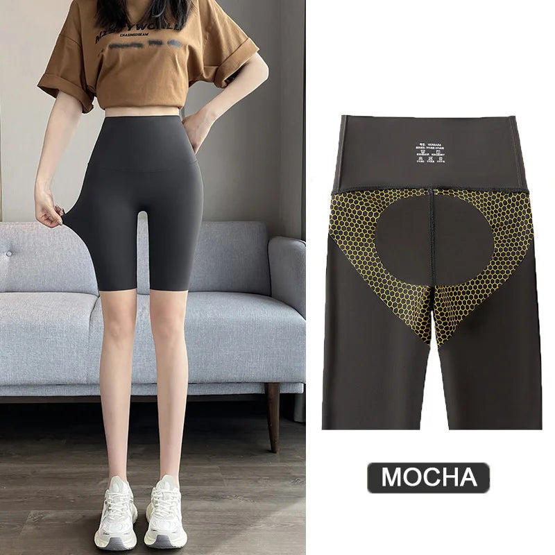 BIVIGAOS Flüssige Radlerhose Damen Wabenmuster Hoher Bund Bauchkontrolle Po-Former Nahtlos Fitness Sport Biker Shorts Leggings
