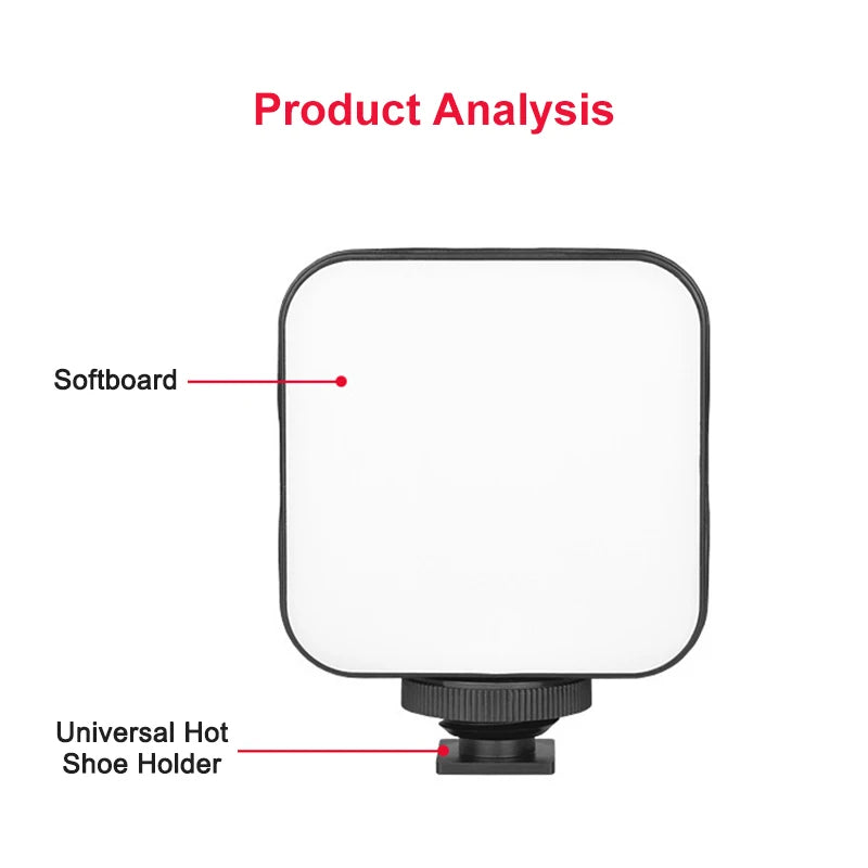 Miniluz de vídeo LED portátil, iluminación fotográfica de 6500 K, lámpara de relleno para selfie de teléfono móvil y transmisión en vivo con 3 zapatas frías, lámpara para vlogs