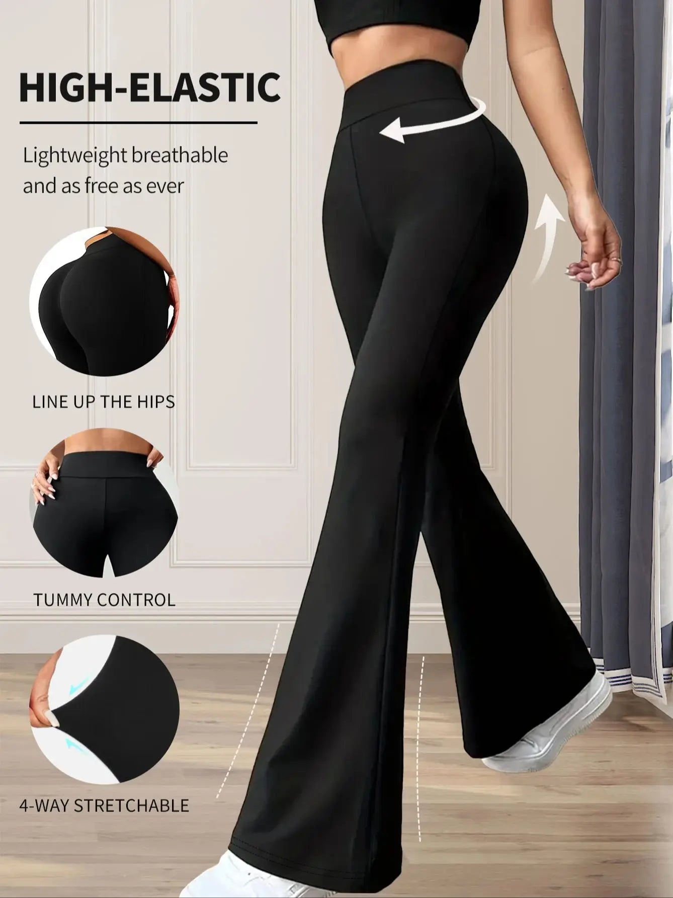 Damen-Frühlings- und Sommerhose mit hoher Taille, eng anliegende Schlaghose, schmale lange schwarze Hose, dünne weite Hose für schlanke Frauen