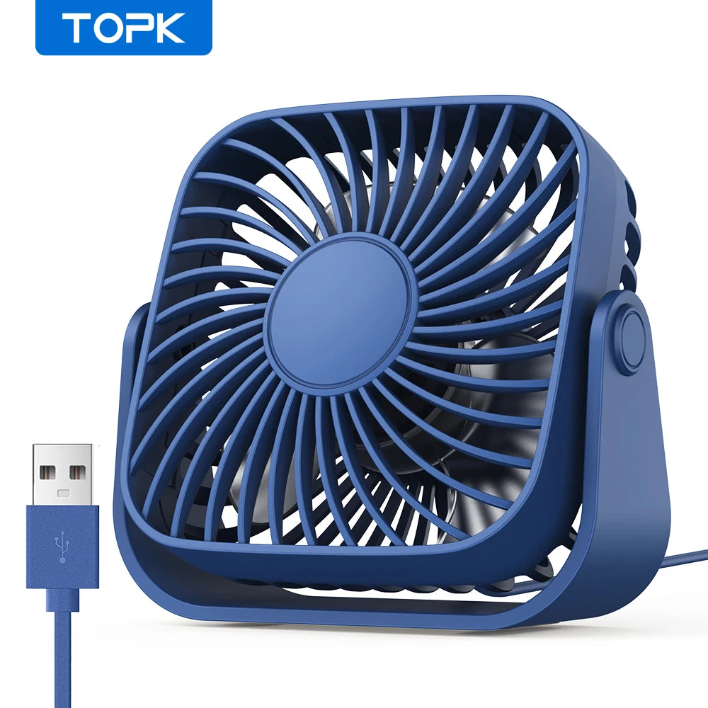 TOPK 4 Zoll USB Mini Tragbarer Ventilator für Camping, leiser Tischventilator mit 3 Geschwindigkeiten, 360° verstellbarer Standventilator für Zuhause und Zimmer
