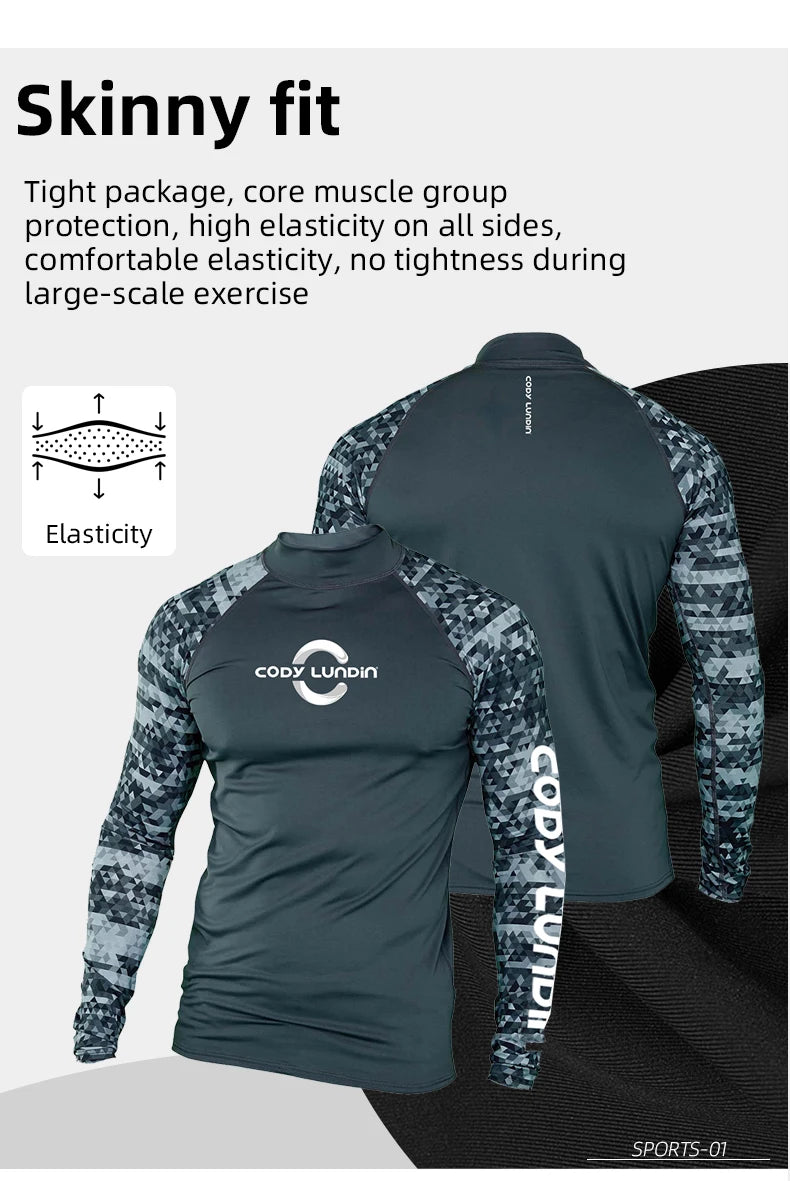 Herren UPF 50+ Kompressions-Rollkragen-Schwimm-Trainingsshirt Fitnessstudio Fitness-T-Shirt Surf-Sport-Rashguard Individuelles Logo Angel-Oberteil