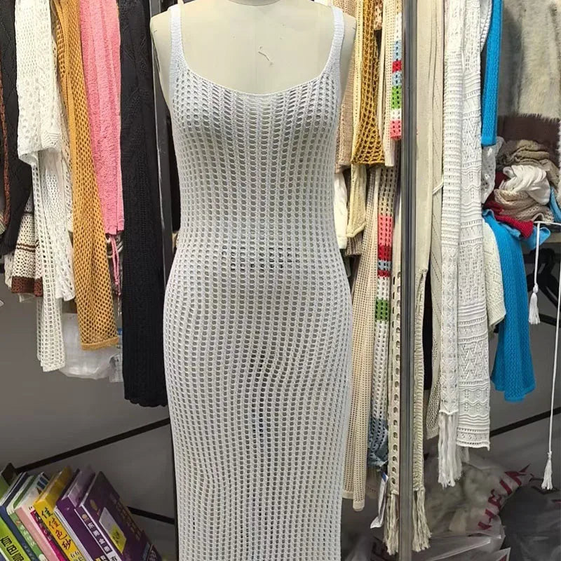 Maxikleid im sexy Stil, gestrickt, atmungsaktiv, Strandkleid, Überwurf, hohl, Taillenausschnitt, langes Kleid, Urlaub, Sonnenschutz, Camisole-Kleid