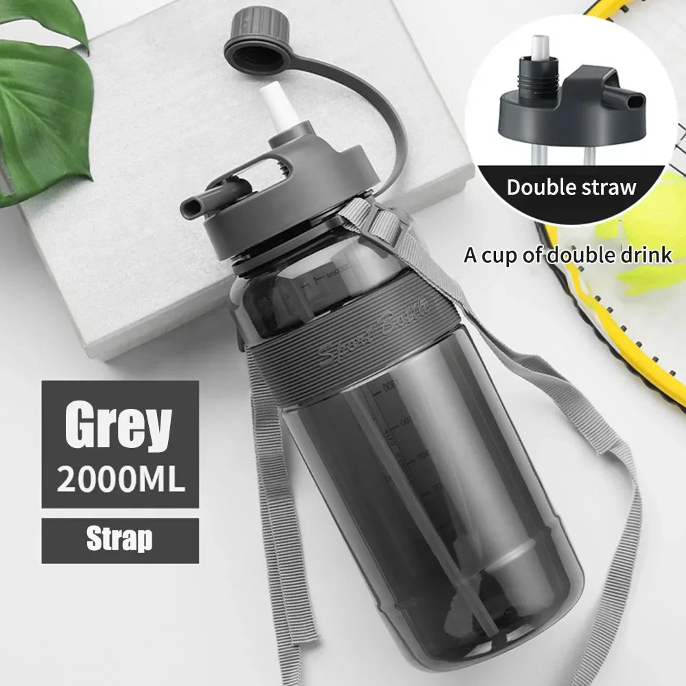 Neue 3-Liter-Trinkflasche mit Strohhalm, Fitness-Flasche mit Riemen für Outdoor, Reisen, Sport, große Kapazität
