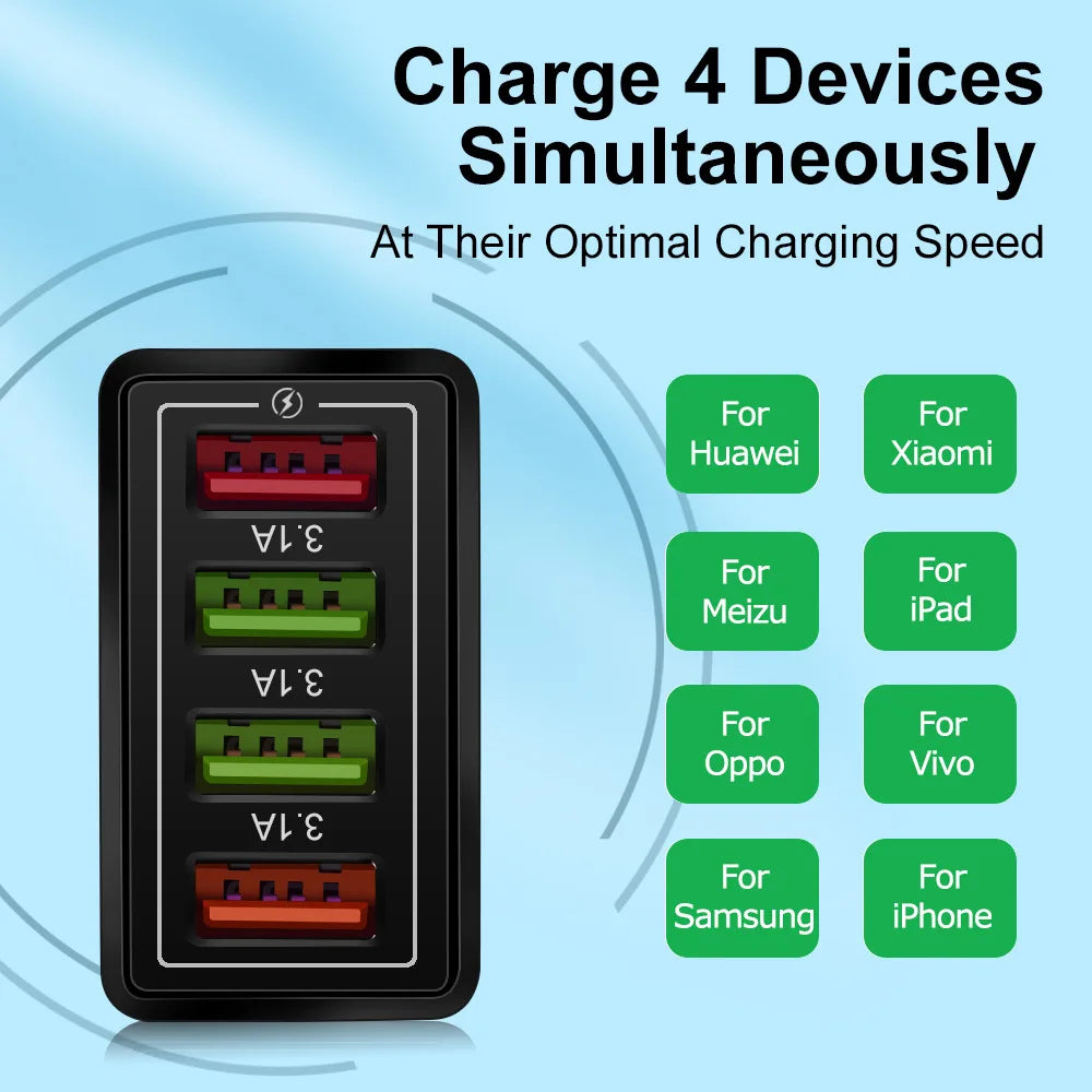 EU US Stecker 3A USB Ladegerät Multi Port 4 USB Quick Charge 3.0 für Telefon Adapter Tablet Tragbares Wandladegerät Schnellladegerät für Poco