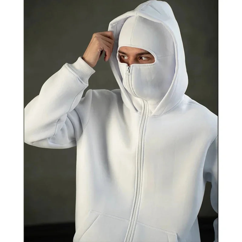 Balaclava Herren Zip Hoodie Winter Warm Lässig Sweatshirt Y2K mit Kapuzen-Gesichtsmaske Reißverschluss Design Sportjacke Outdoor-Aktivitäten