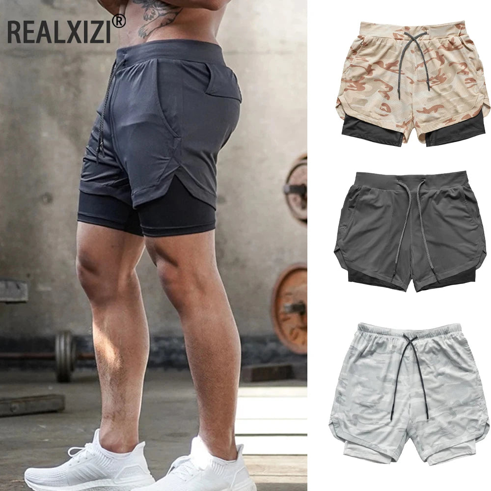 Herren Gym Sports Shorts Jogging Laufen Atmungsaktive Fitness Training Doppellagiges Shirt Versteckte Tasche Lässige Tarnshorts