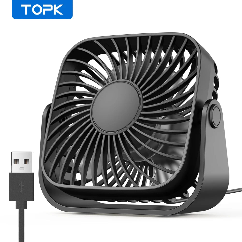 TOPK 4 Zoll USB Mini Tragbarer Ventilator für Camping, leiser Tischventilator mit 3 Geschwindigkeiten, 360° verstellbarer Standventilator für Zuhause und Zimmer