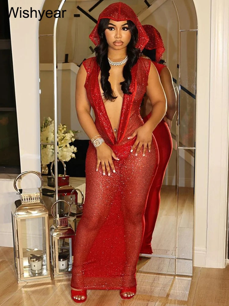 Neues Luxus-Geburtstags-Rot-Kapuzenkleid für Damen, sexy tiefer V-Ausschnitt, Pailletten, Glitzer, Mesh, durchsichtig, offener Rücken, glitzerndes Abendkleid