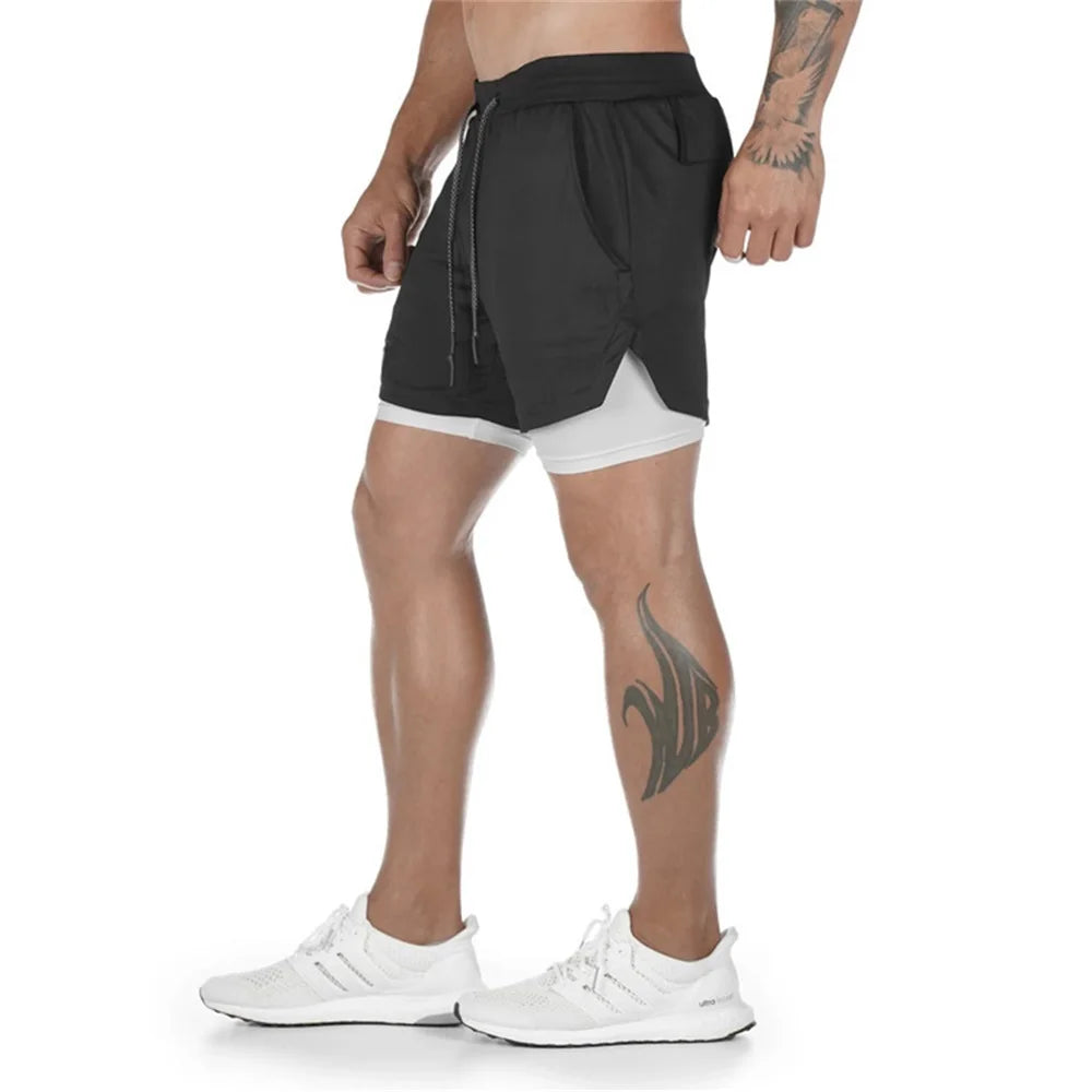 Herren Gym Sports Shorts Jogging Laufen Atmungsaktive Fitness Training Doppellagiges Shirt Versteckte Tasche Lässige Tarnshorts