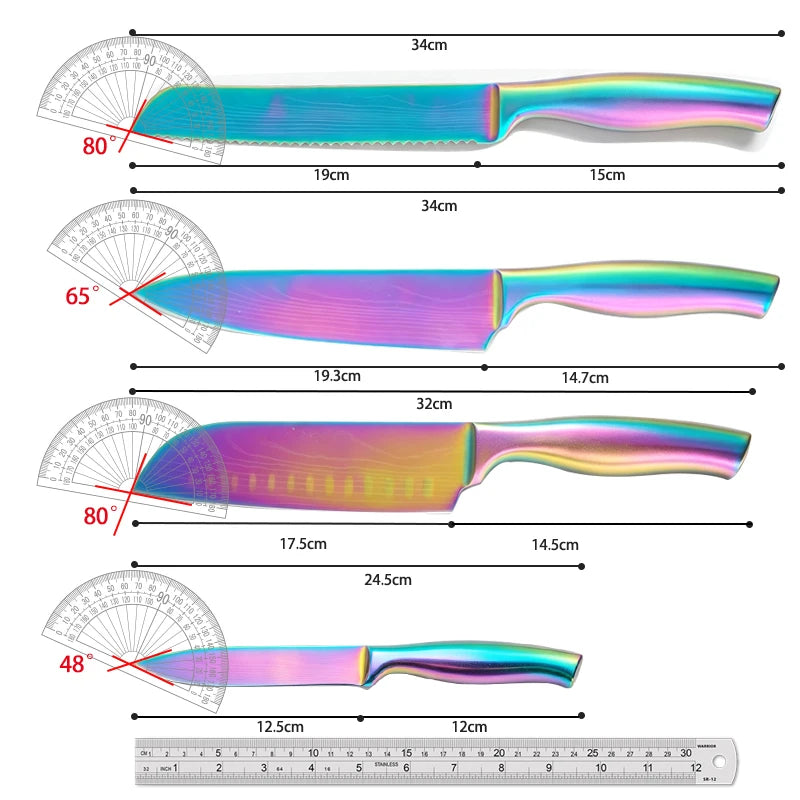 BAFENGS Rainbow Knife Set, Laser Printed Damascus Pattern, Stainless Knives, Chef Bread Santoku Utility Knife, Kitchen Scissors