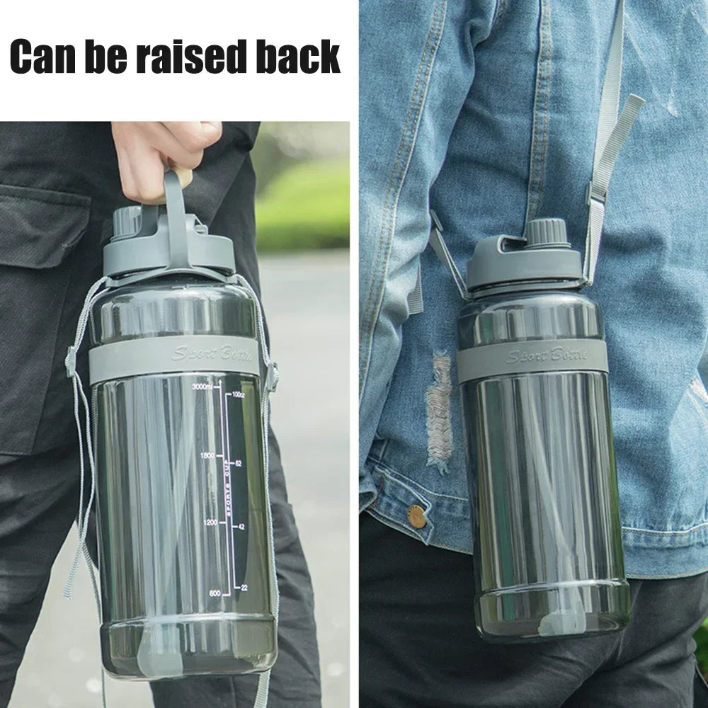 Neue 3-Liter-Trinkflasche mit Strohhalm, Fitness-Flasche mit Riemen für Outdoor, Reisen, Sport, große Kapazität