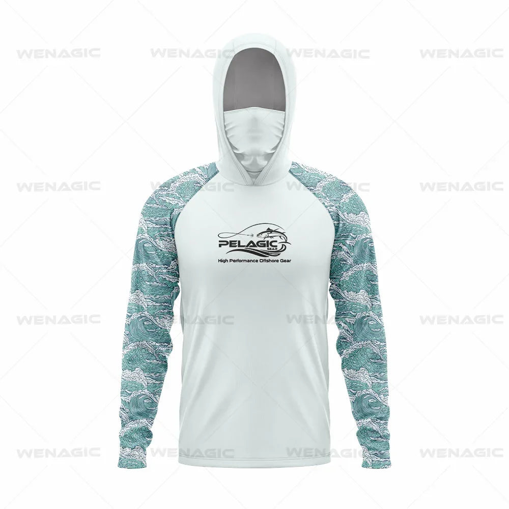Pelagic Gear Neue Angelbekleidung Sommer Herren Langarm T-Shirt Fisch Sonnenschutz Atmungsaktive Kapuzen Gesichtsmaske Angelbekleidung
