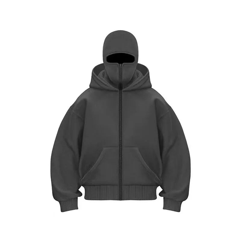 Balaclava Herren Zip Hoodie Winter Warm Lässig Sweatshirt Y2K mit Kapuzen-Gesichtsmaske Reißverschluss Design Sportjacke Outdoor-Aktivitäten