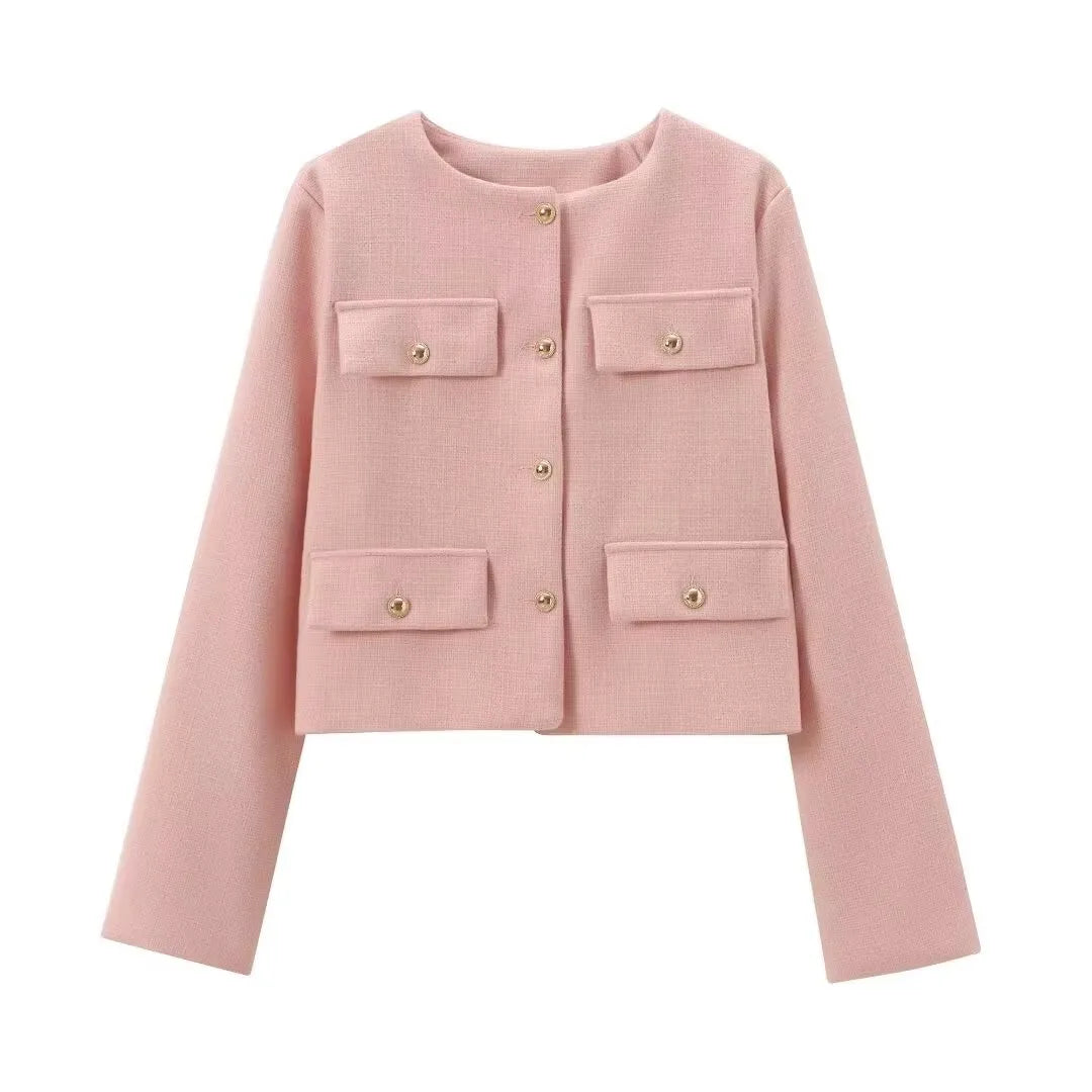 HH Damen Vintage Uni-Mantel Knopf Langarm Rundhals Jacke mit Tasche 2024 Frühling Eleganter Weiblicher Freizeit-Mantel Jacke