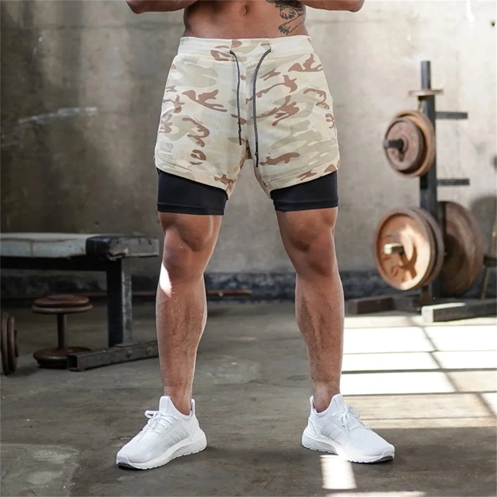 Herren Gym Sports Shorts Jogging Laufen Atmungsaktive Fitness Training Doppellagiges Shirt Versteckte Tasche Lässige Tarnshorts