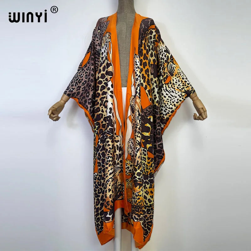WINYI 2022 Afrika Leopardenmuster Strandmode Badeanzug Elegant Afrika Damen Boho Cardigan Sexy Urlaub Langarm Kimono Kleid