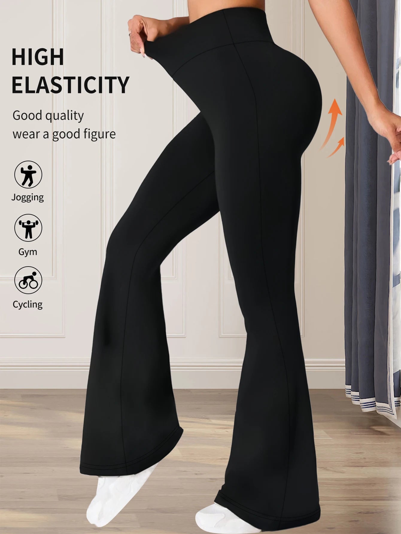 Damen-Frühlings- und Sommerhose mit hoher Taille, eng anliegende Schlaghose, schmale lange schwarze Hose, dünne weite Hose für schlanke Frauen