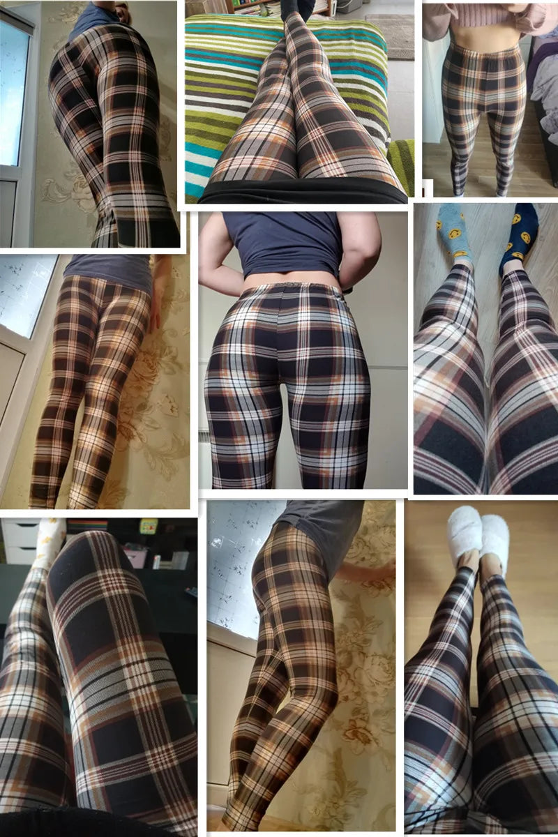 Khakifarbene karierte Sport- und Fitness-Leggings für Damen