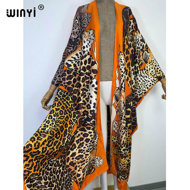 WINYI 2022 Afrika Leopardenmuster Strandmode Badeanzug Elegant Afrika Damen Boho Cardigan Sexy Urlaub Langarm Kimono Kleid