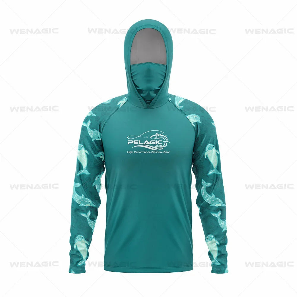 Pelagic Gear Neue Angelbekleidung Sommer Herren Langarm T-Shirt Fisch Sonnenschutz Atmungsaktive Kapuzen Gesichtsmaske Angelbekleidung