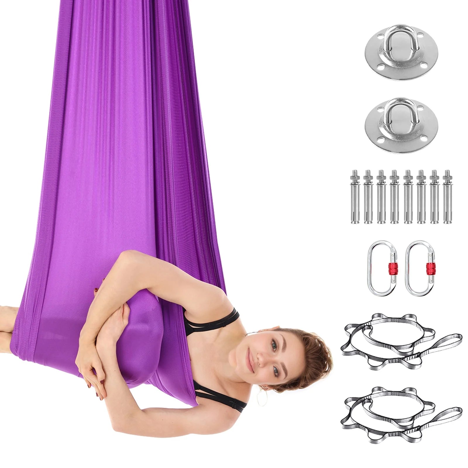 Aerial Yoga Hammock Set Fitness Pilates Silk Fabric Yoga Swing 5.5 Yards Include Carabiners Daisy Chain for Inversion Exercises
