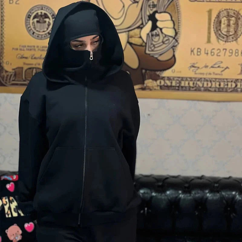Balaclava Herren Zip Hoodie Winter Warm Lässig Sweatshirt Y2K mit Kapuzen-Gesichtsmaske Reißverschluss Design Sportjacke Outdoor-Aktivitäten