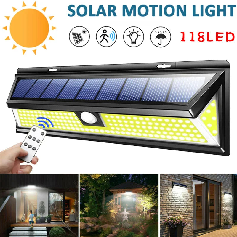 118LED Neueste Solar-LED-Leuchten Outdoor Solarlampe mit Bewegungssensor 4 Modi Wasserdicht IP65 Solar Gartenleuchte Straßenhof Laterne
