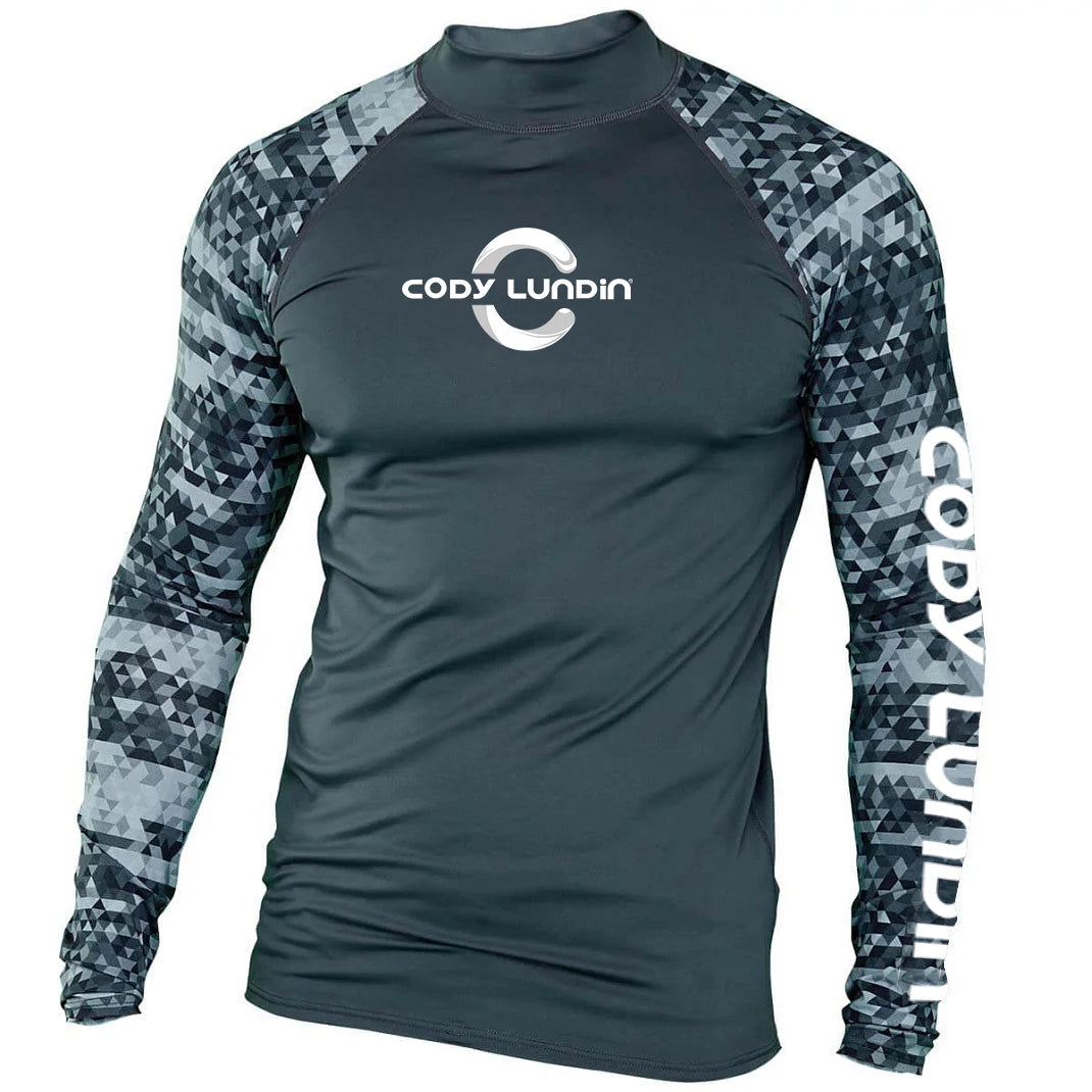 Herren UPF 50+ Kompressions-Rollkragen-Schwimm-Trainingsshirt Fitnessstudio Fitness-T-Shirt Surf-Sport-Rashguard Individuelles Logo Angel-Oberteil