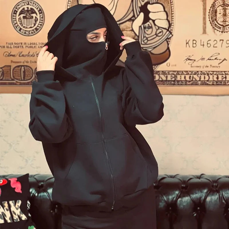 Balaclava Herren Zip Hoodie Winter Warm Lässig Sweatshirt Y2K mit Kapuzen-Gesichtsmaske Reißverschluss Design Sportjacke Outdoor-Aktivitäten