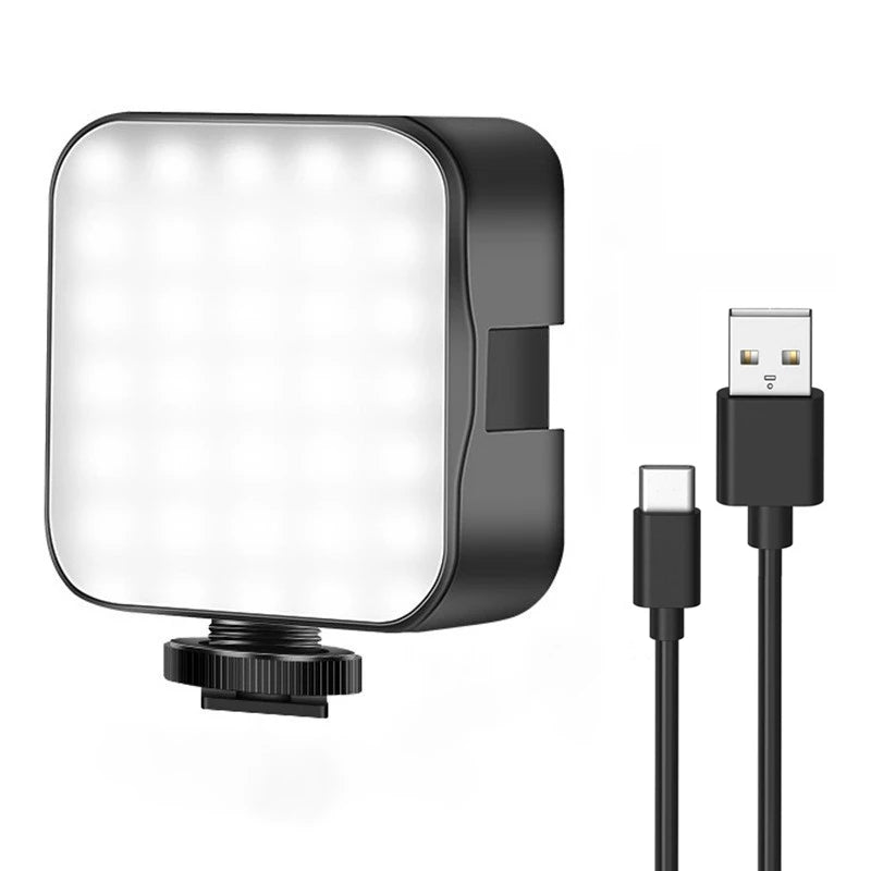 Miniluz de vídeo LED portátil, iluminación fotográfica de 6500 K, lámpara de relleno para selfie de teléfono móvil y transmisión en vivo con 3 zapatas frías, lámpara para vlogs