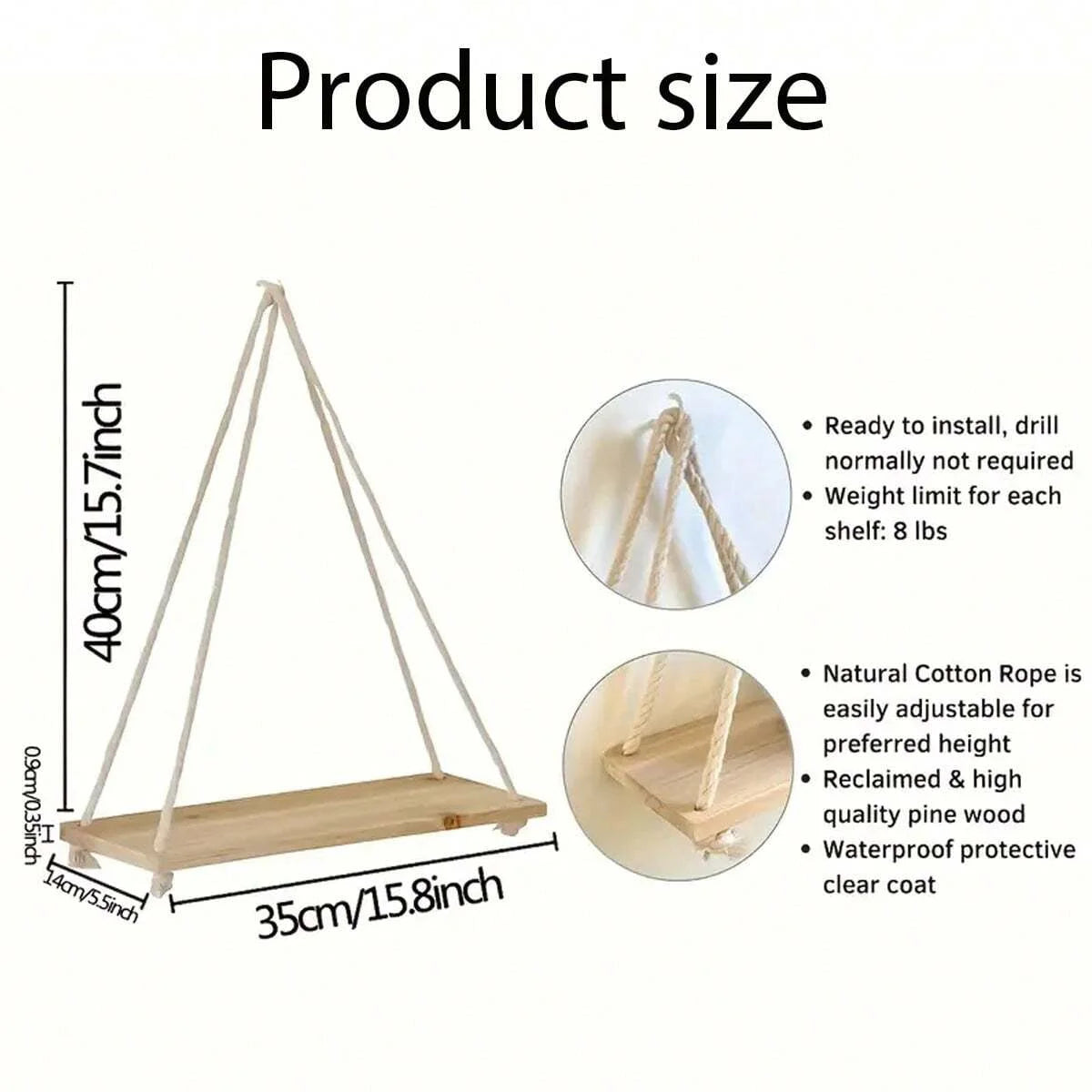 1PCS decoración de pared, cuerda colgante, maceta, estante de almacenamiento, estante de madera para colgar en la pared, decoración colgante, decoración del hogar