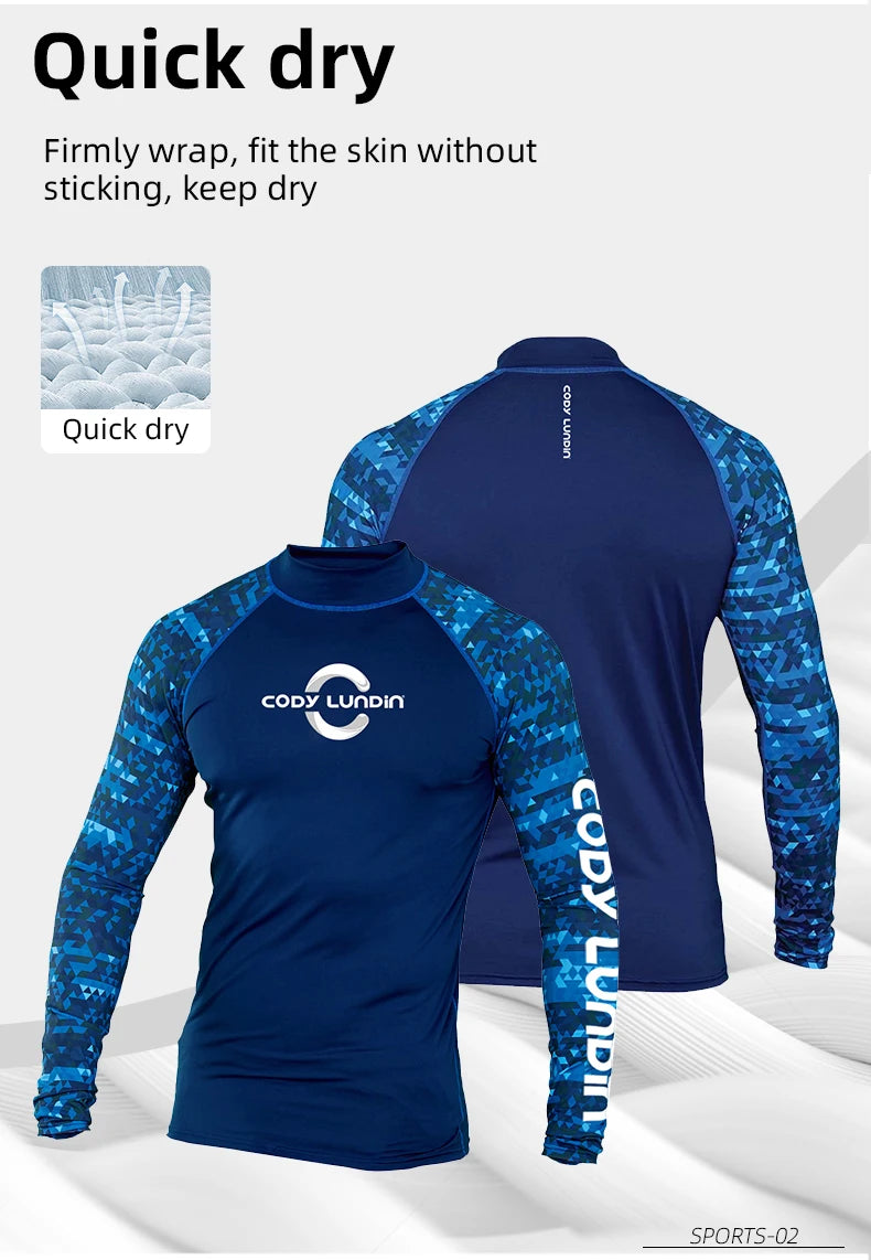 Herren UPF 50+ Kompressions-Rollkragen-Schwimm-Trainingsshirt Fitnessstudio Fitness-T-Shirt Surf-Sport-Rashguard Individuelles Logo Angel-Oberteil