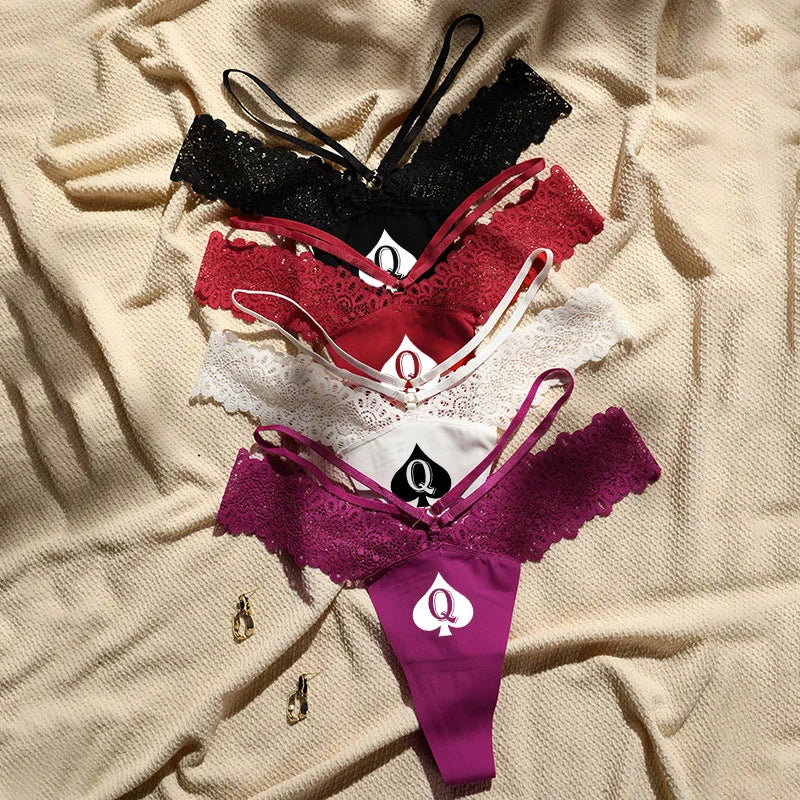 Q Spades Print Sexy Women Underwear Hot Wife Queen Sports Fitness Seamless Girl's Panties Low Waist Ladies Thongs