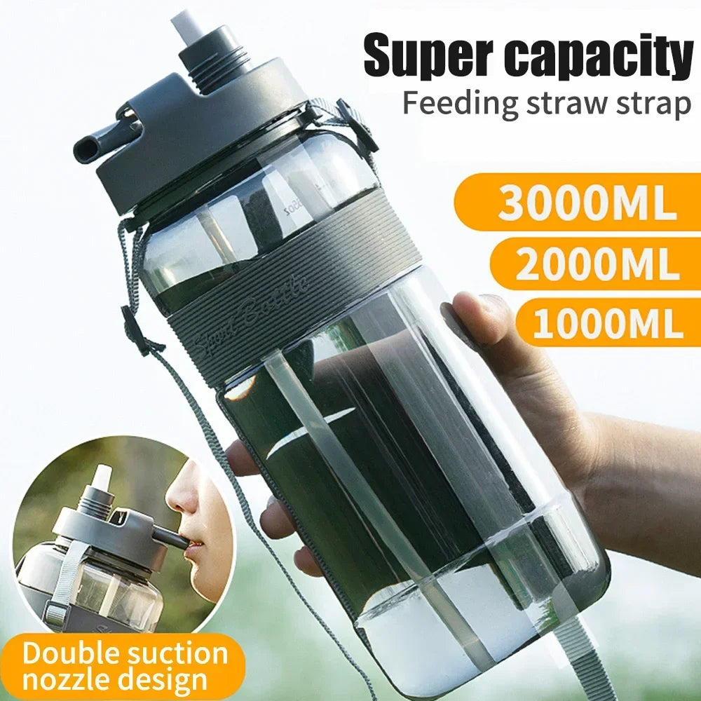 Neue 3-Liter-Trinkflasche mit Strohhalm, Fitness-Flasche mit Riemen für Outdoor, Reisen, Sport, große Kapazität