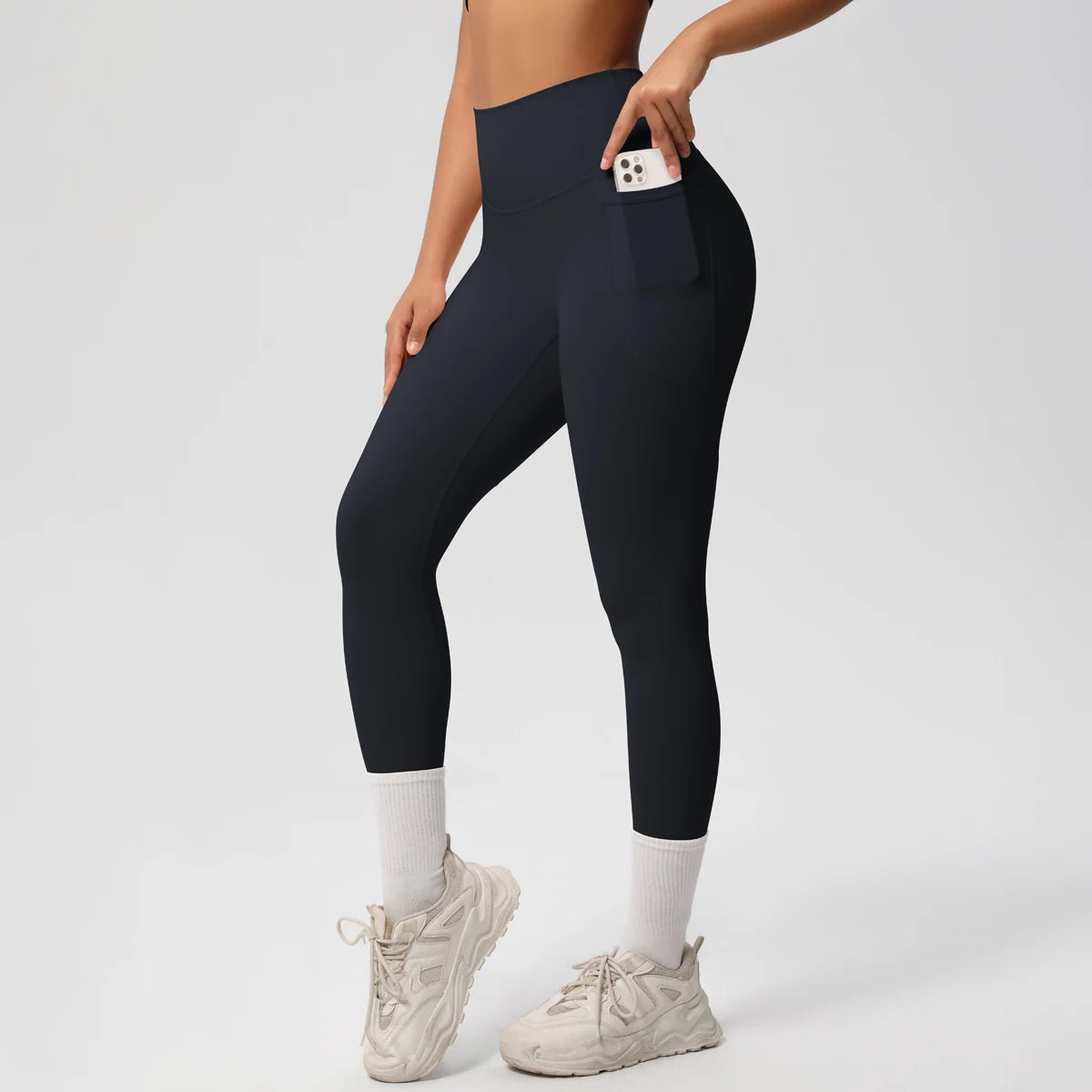 Damen High Waist Leggings Stretch Yogahose Strumpfhose mit Taschen Push Up Fitness Laufbekleidung Unifarbene Hose