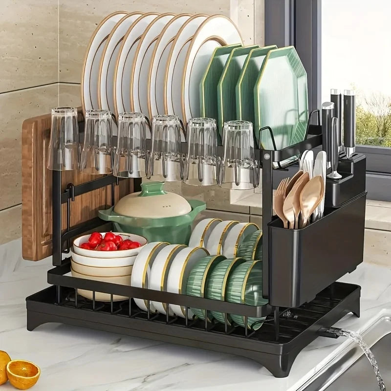 2-Tier Stainless Steel Dish Drying Rack with Cutting Board & Utensil Holder