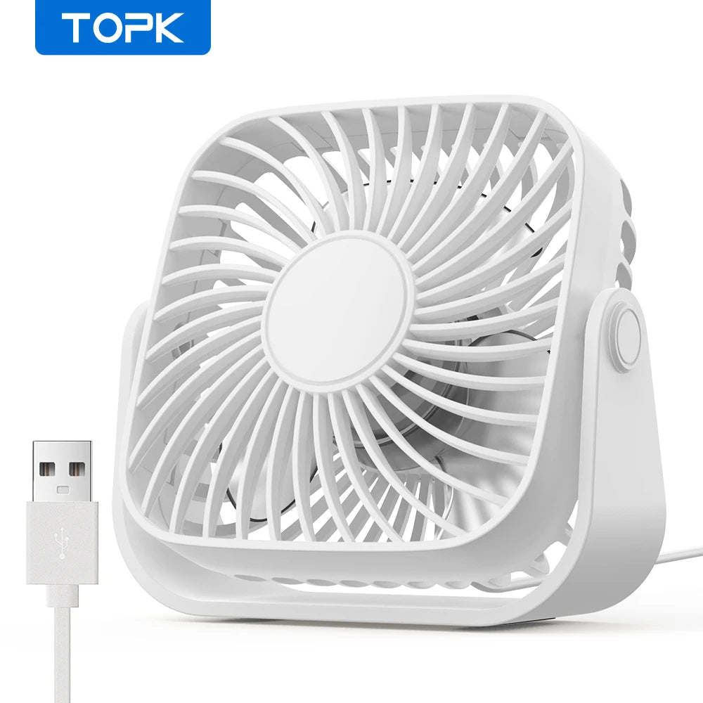 TOPK 4 Zoll USB Mini Tragbarer Ventilator für Camping, leiser Tischventilator mit 3 Geschwindigkeiten, 360° verstellbarer Standventilator für Zuhause und Zimmer