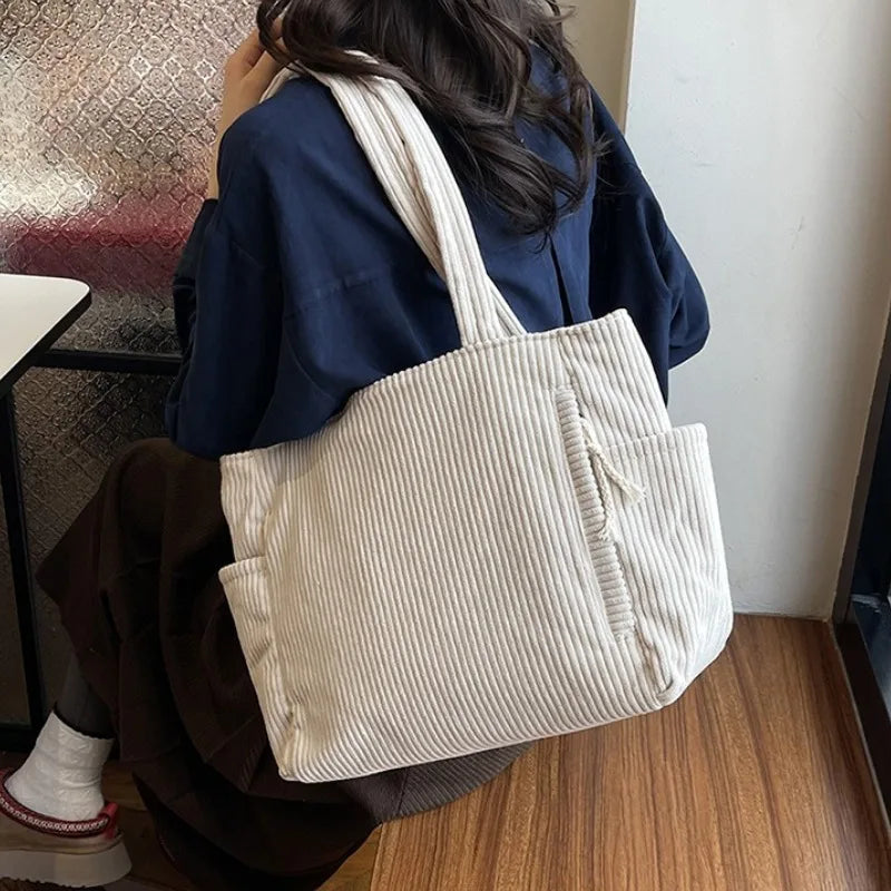 Cord Canvas Umhängetasche Lässige einfarbige Einkaufstasche mit mehreren Fächern für Damen Pendeln Einkaufen Fitness Aufbewahrung Handtasche