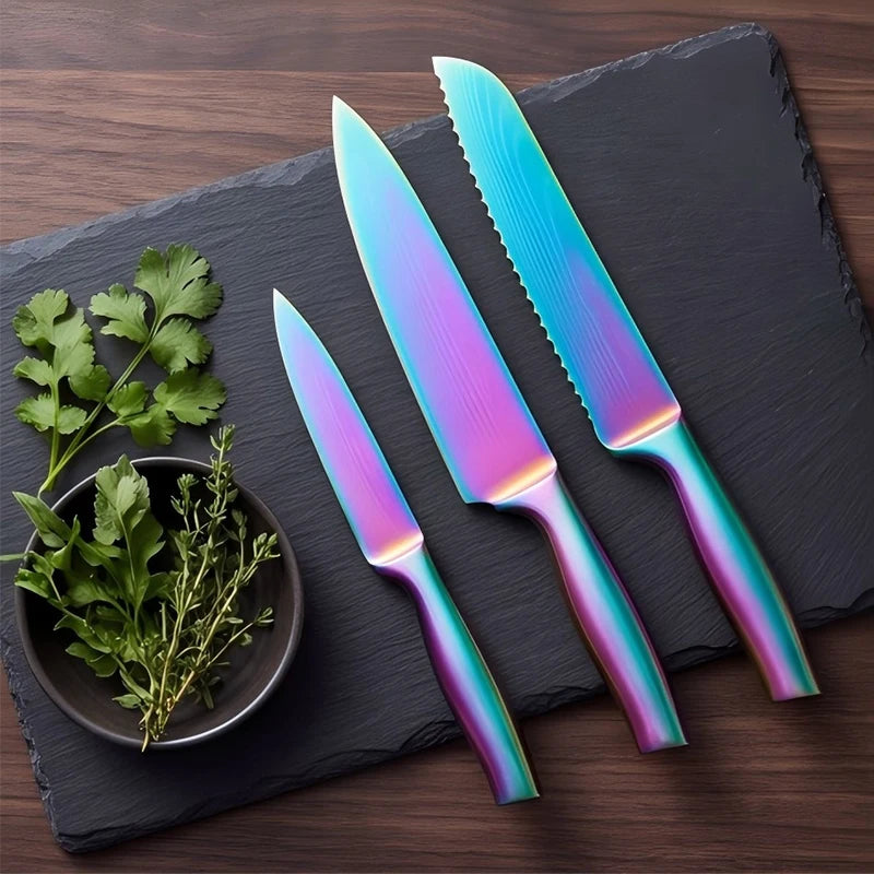BAFENGS Rainbow Knife Set, Laser Printed Damascus Pattern, Stainless Knives, Chef Bread Santoku Utility Knife, Kitchen Scissors