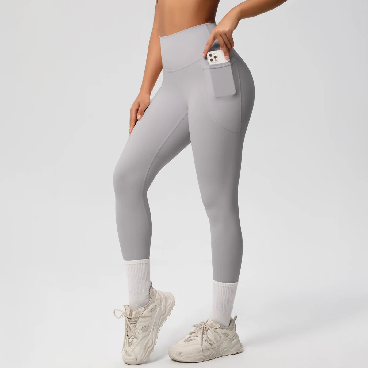 Damen High Waist Leggings Stretch Yogahose Strumpfhose mit Taschen Push Up Fitness Laufbekleidung Unifarbene Hose