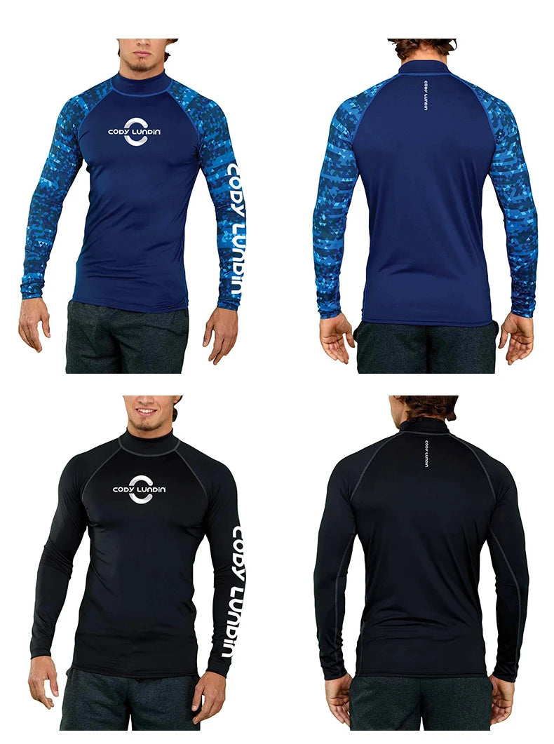Herren UPF 50+ Kompressions-Rollkragen-Schwimm-Trainingsshirt Fitnessstudio Fitness-T-Shirt Surf-Sport-Rashguard Individuelles Logo Angel-Oberteil