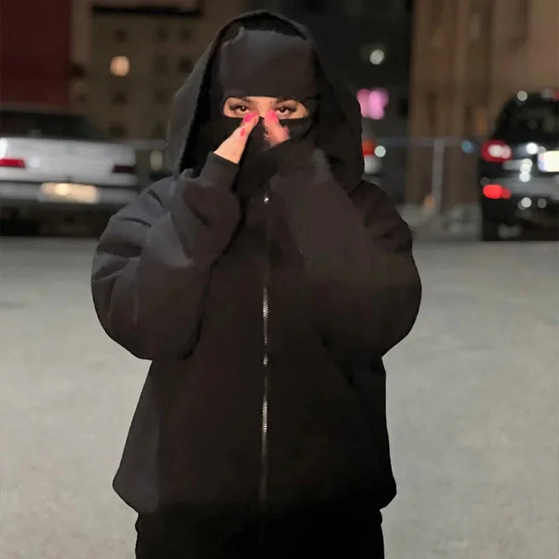 Balaclava Herren Zip Hoodie Winter Warm Lässig Sweatshirt Y2K mit Kapuzen-Gesichtsmaske Reißverschluss Design Sportjacke Outdoor-Aktivitäten