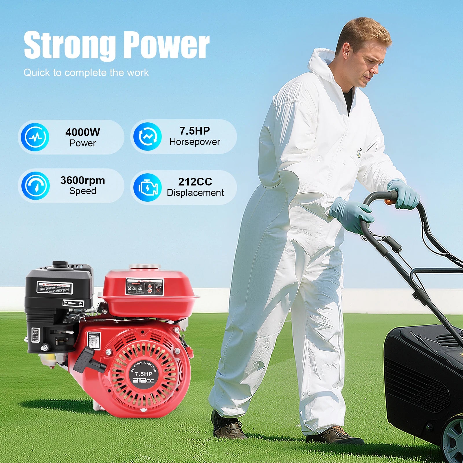 4-Takt 212cc Benzinmotor, 7,5PS 4000W 3600 U/min Einzylinder-Handstart-Benzinmotor, Kurbelwellendurchmesser 20mm