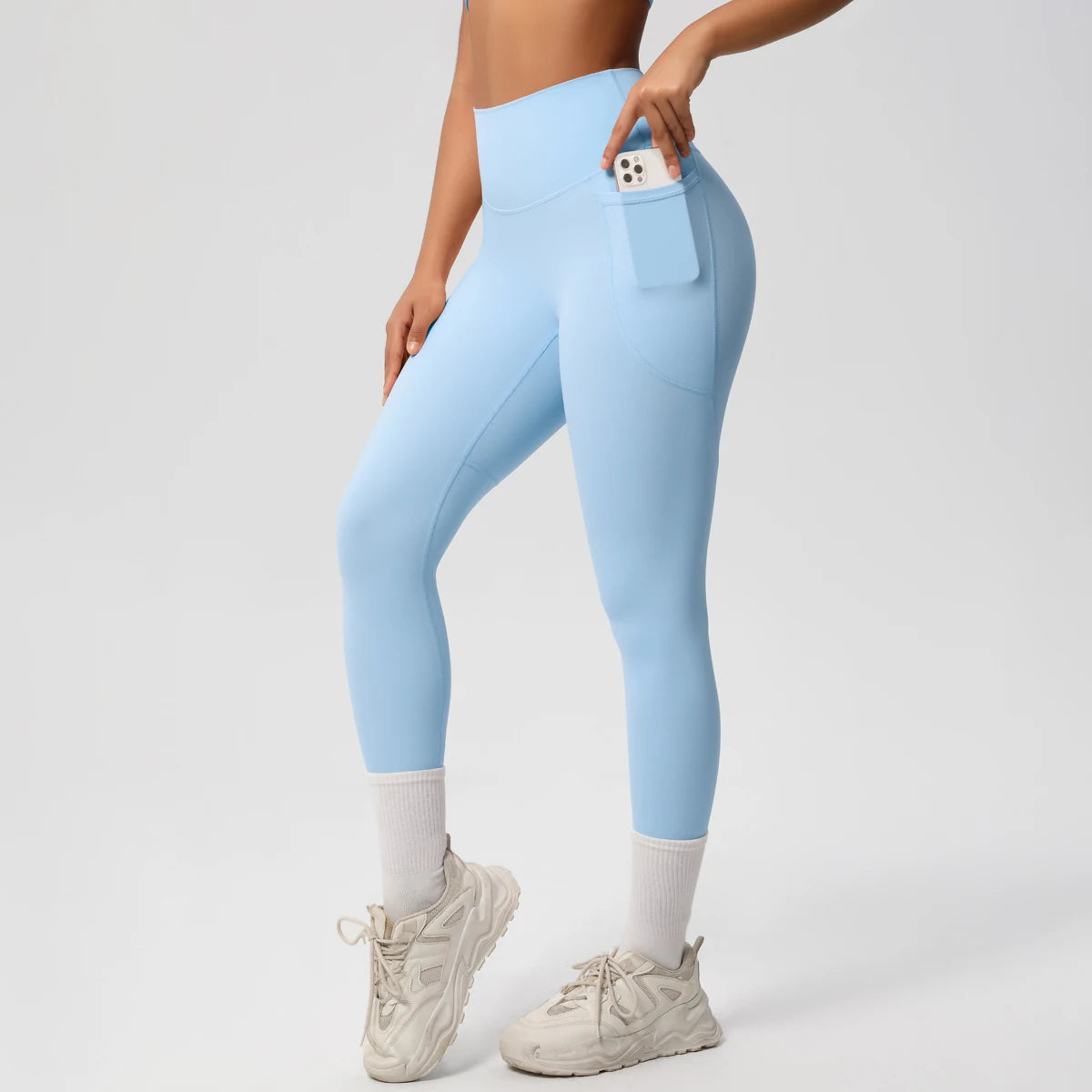 Damen High Waist Leggings Stretch Yogahose Strumpfhose mit Taschen Push Up Fitness Laufbekleidung Unifarbene Hose