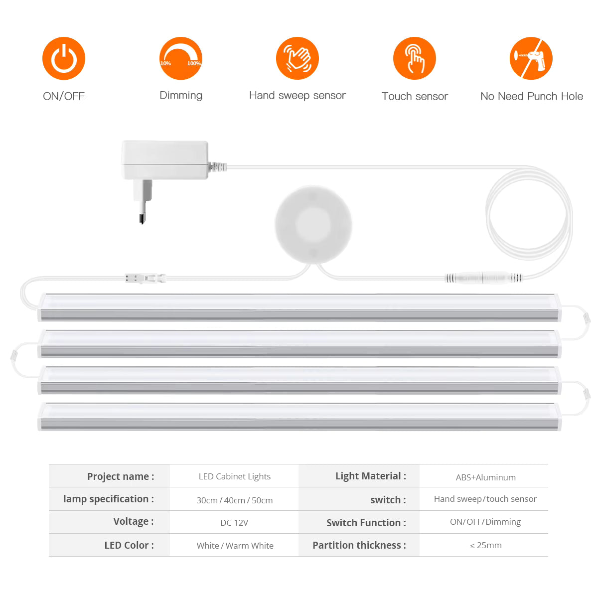 Penetrable Wood Touch Sensor Dimmable LED Lights Motion Sensor Under Cabinet Kitchen Light Aluminum Bar Lamp Wardrobe Shelf Deco